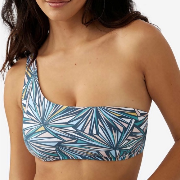 O’Neill Swim One Shoulder Bralette Top  MEDIUM Blue Geo Print - Picture 2 of 7